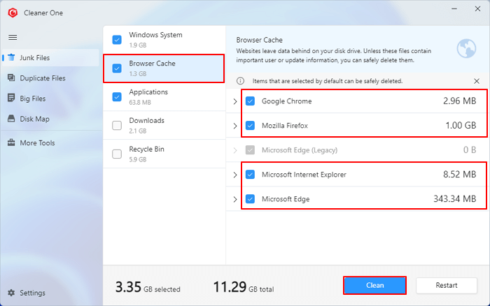 cleaner one browser cache select to clean