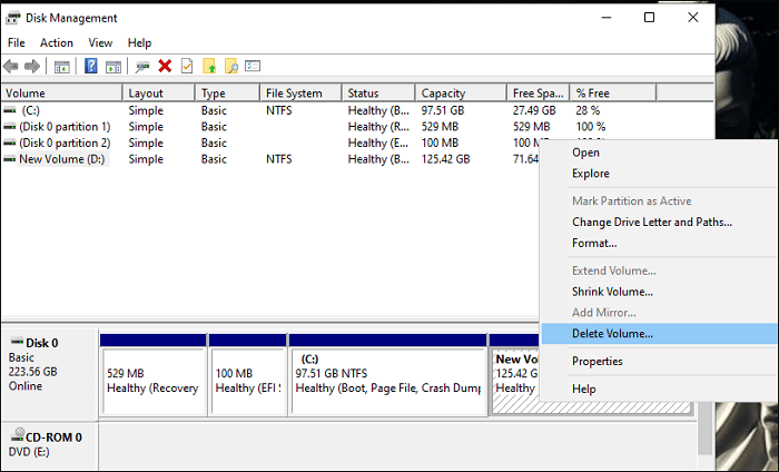 disk management delete volume greyed out