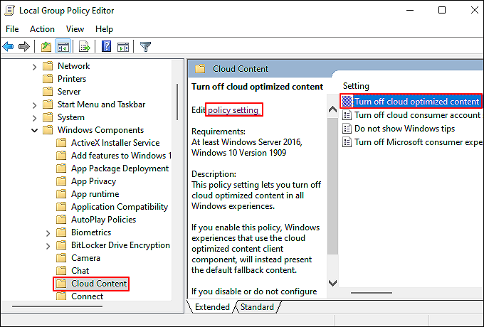klik matikan pengoptimalan konten cloud edit pengaturan kebijakan