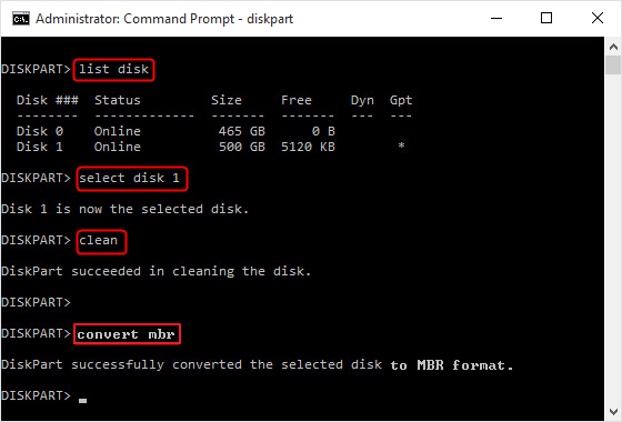 convert gpt to mbr diskpart