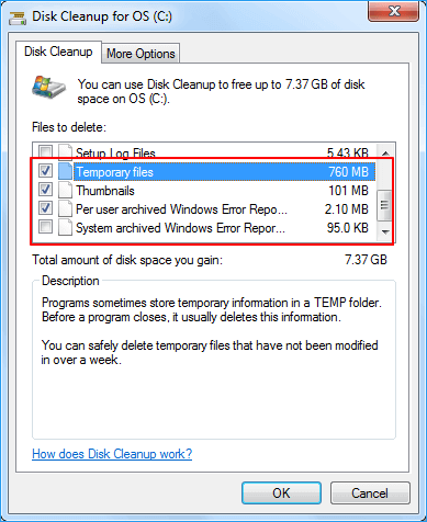 Remove temporary files and useless files on Windows 7.