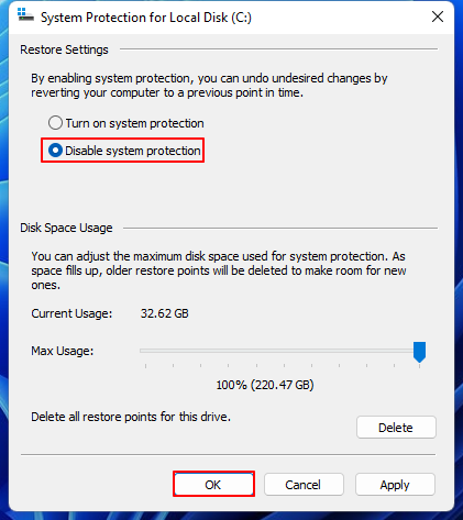 disable system protection for c drive