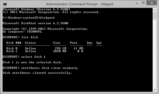 use diskpart to remove write-protection usb