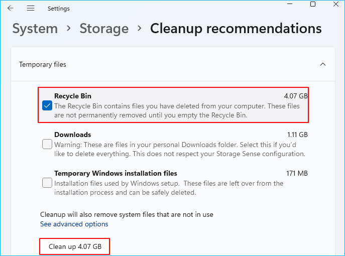mengosongkan recycle bin melalui pengaturan windows