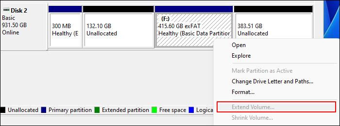 exfat partition extend volume greyed out