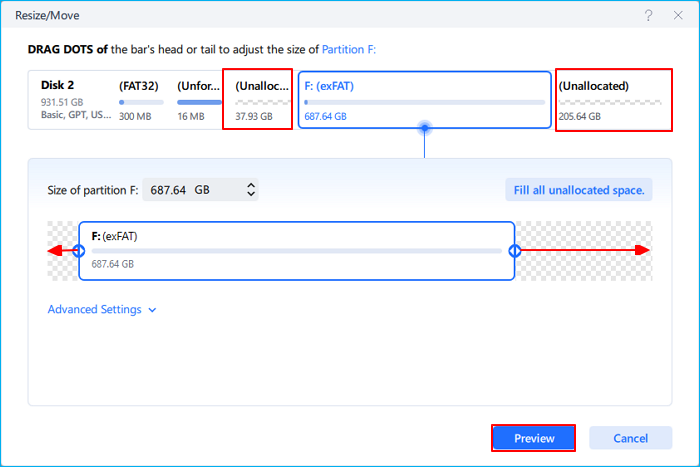 extend exfat partition with unallocated space