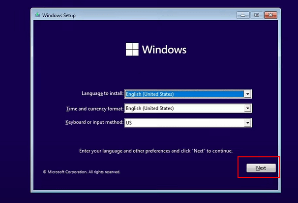 Set language, time, and keyboard to install Windows 11