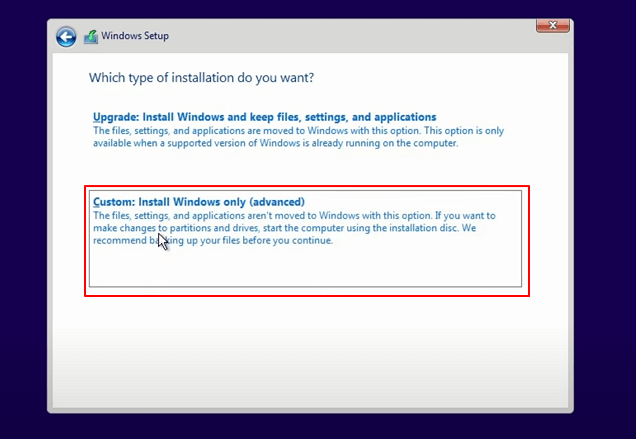 Select to Custom and install Windows only