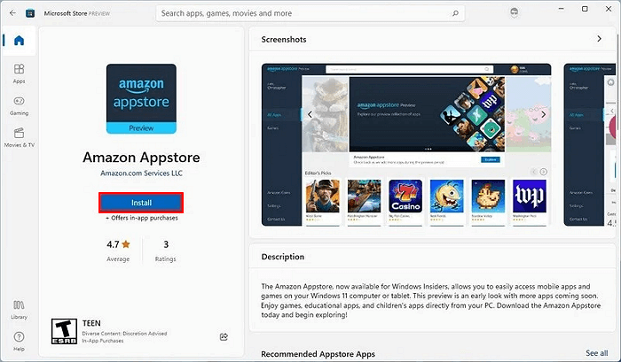 Select to install amazon appstore