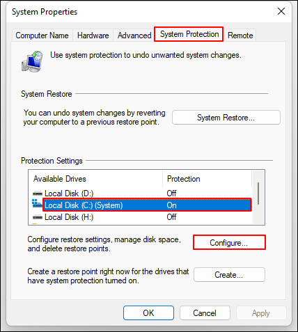 open system protection click configure