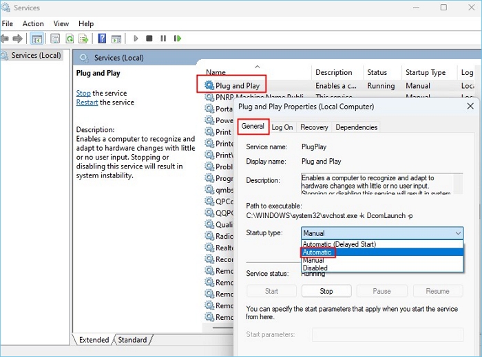 ativar o serviço plug and play