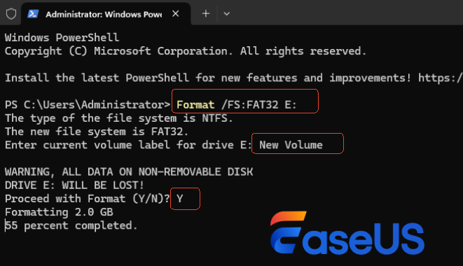 convert ntfs to fat32 with powershell