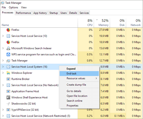 End process of failed program.