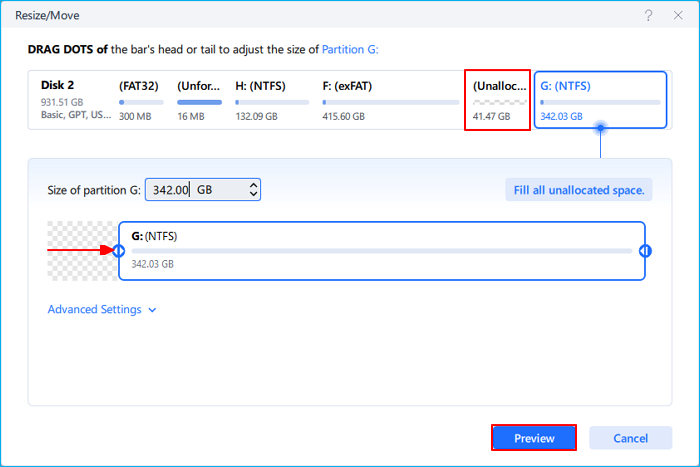 release unallocated space from adjacent partition