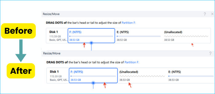 resize and move unallocated space