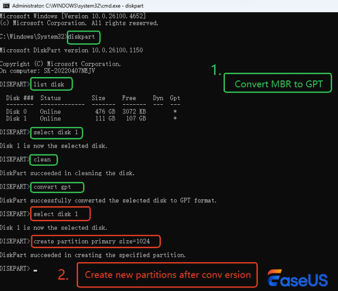 convert mbr to gpt and create new partitions after conversion
