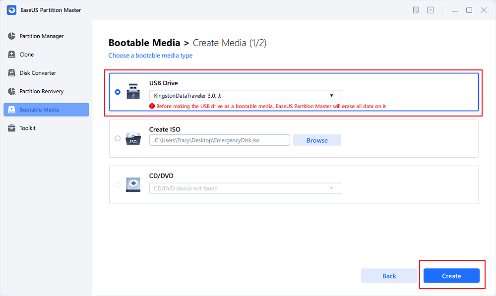 create easeus partition master bootable disk