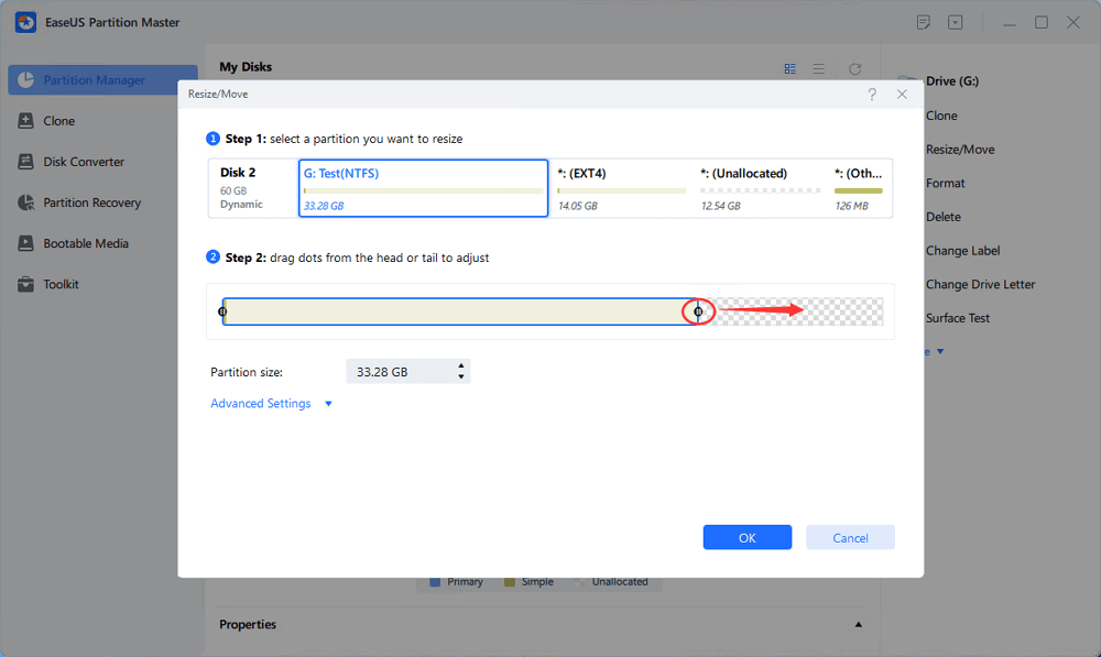 trascina il mouse per ridimensionare il volume