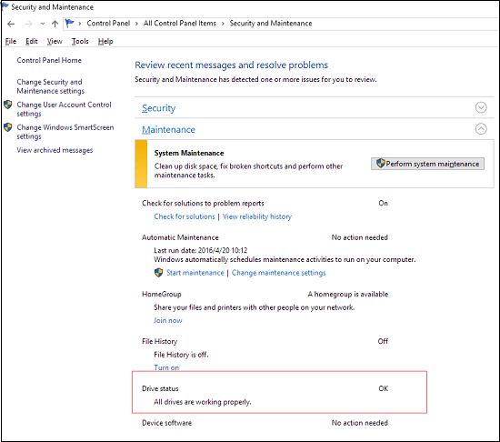 check disk errors in Windows 10 in Security and Maintenance