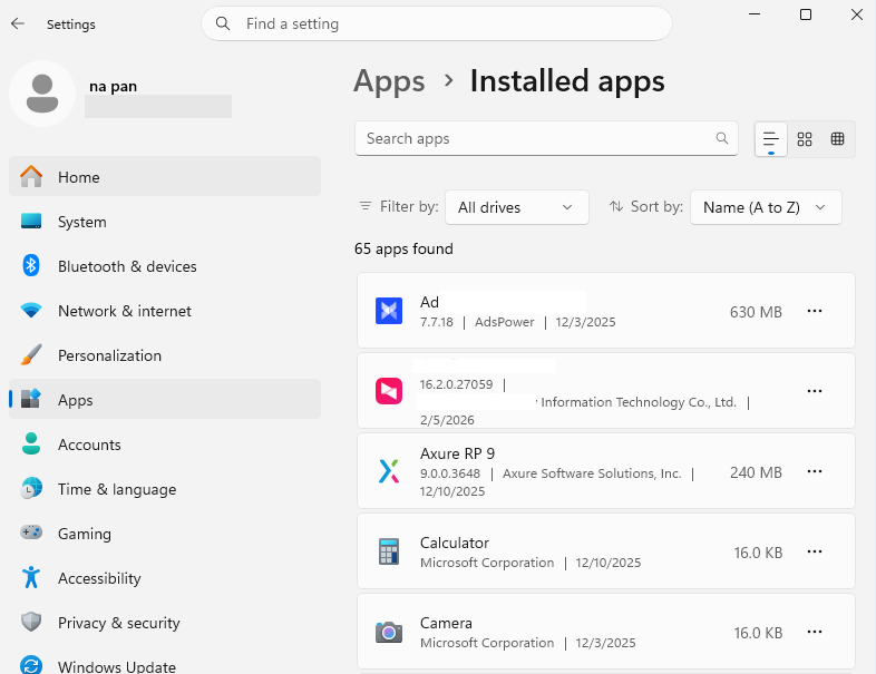 settings installed apps