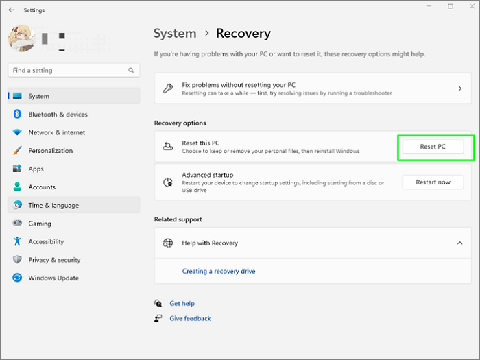 Tippen Sie auf „Diesen PC zurücksetzen“.