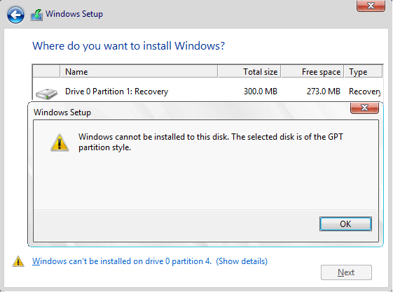 Windows Cannot be installed on this disk. The selected disk is of the GPT partition style.