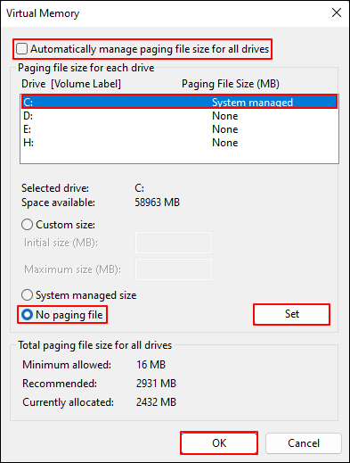 turn off page file for c drive