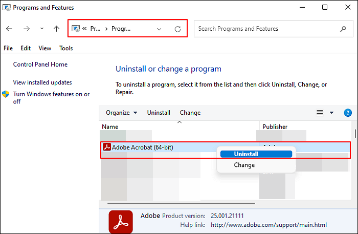 Hapus instalasi Adobe dari Panel Kontrol.