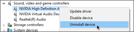 select uninstall device option