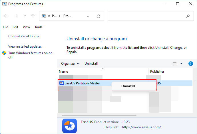uninstall epm from control panel