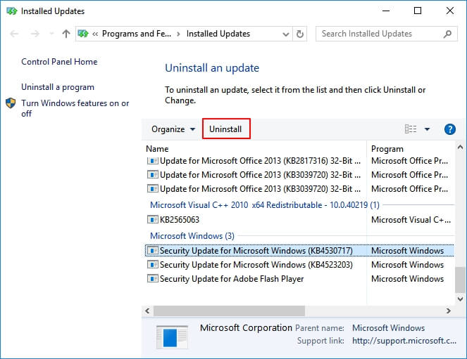 Uninstall Windows update