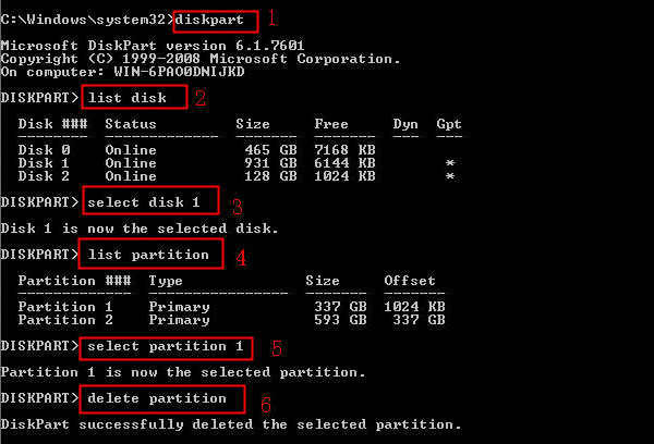 diskpart delete partitions