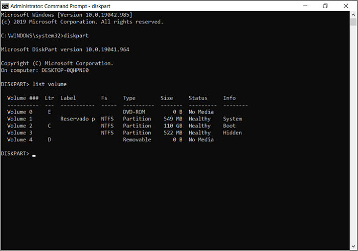 command prompt  type list volume