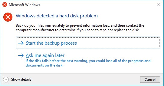 Windows detected a hard disk problem.