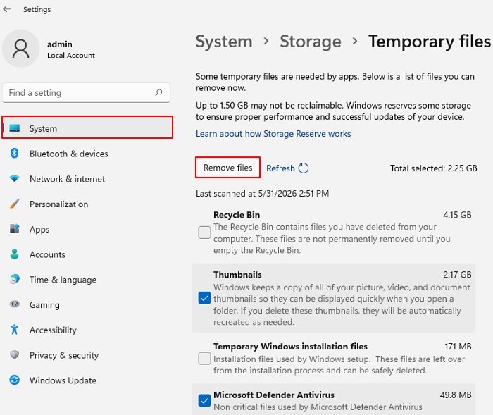windows settings delete temp files