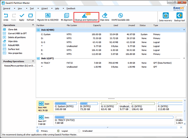 cleanup and optimization in EaseUS Partition Master
