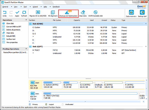 очистка и оптимизация в EaseUS Partition Master