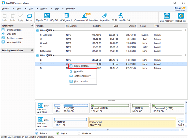 choose create partition to fix second hard drive not showing up