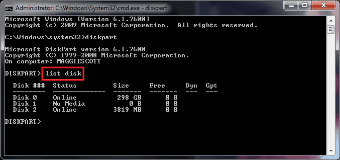 Formatear disco con CMD - list disk.