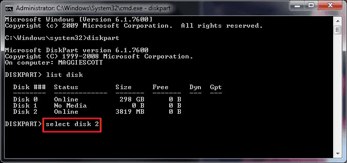 Formatear disco con CMD - select disk.