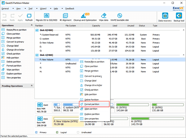 Choose Format partition option to format a write-protected USB flash drive