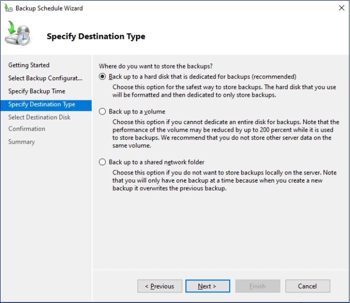 określ miejsce docelowe przechowywania kopii zapasowych jako dysk zewnętrzny