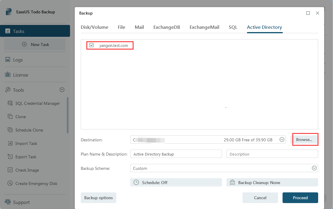 selecione o diretório ativo no backup de tarefas