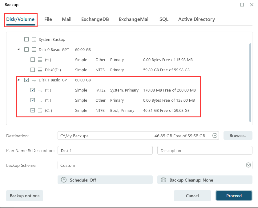 centrum kopii zapasowych wybierające dysk