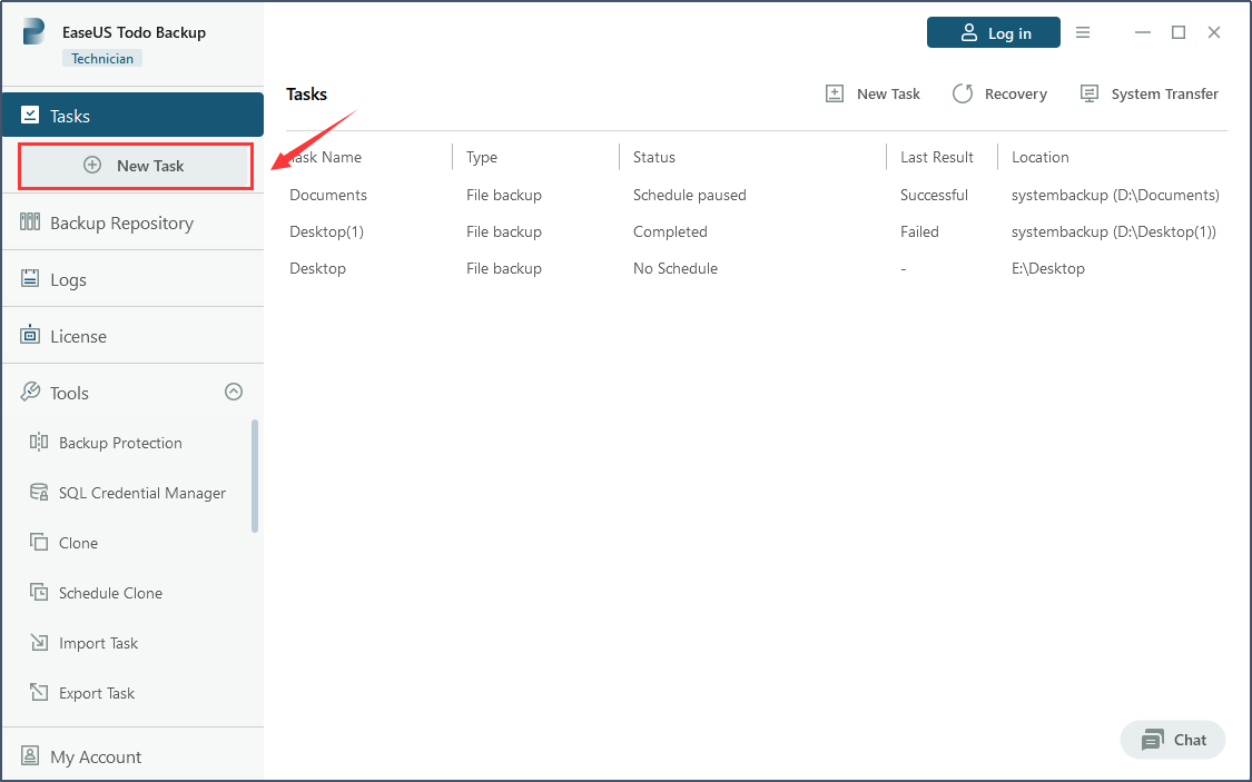 użyj kopii zapasowej Easyus Todo, aby wykonać kopię zapasową całej bazy danych mssql