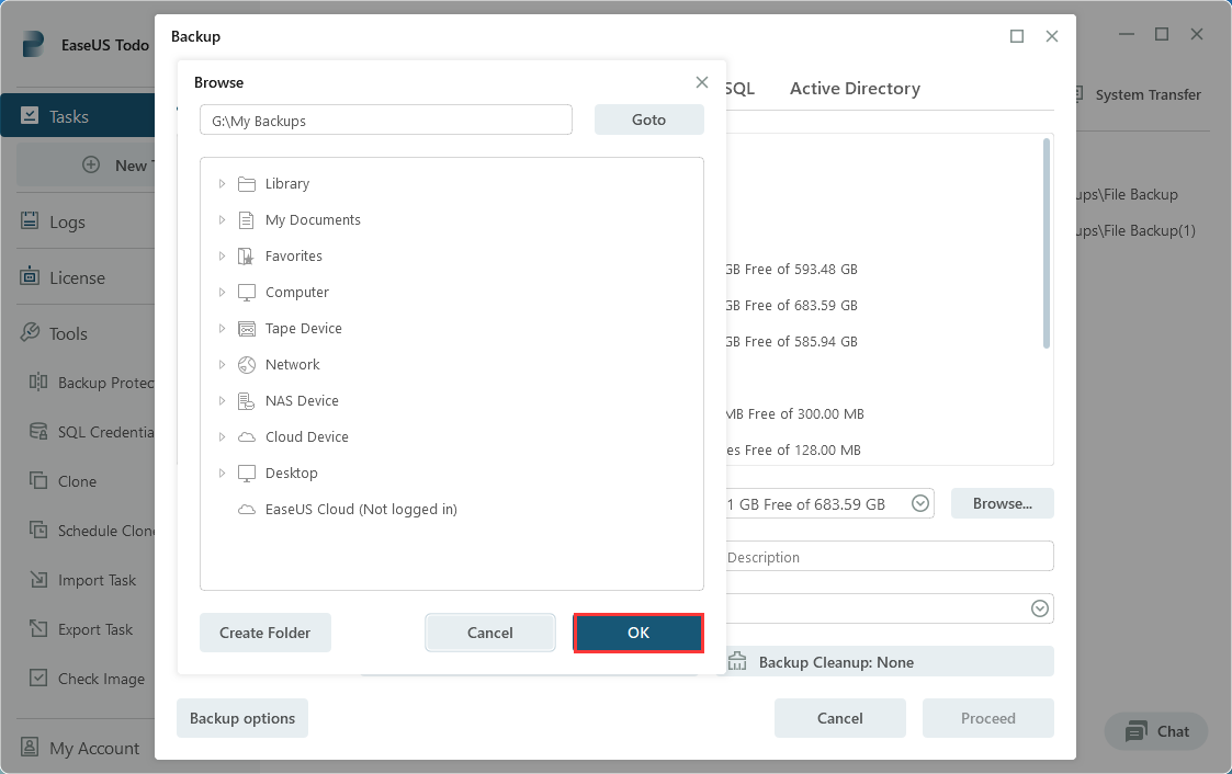 caminho de backup em todo backup