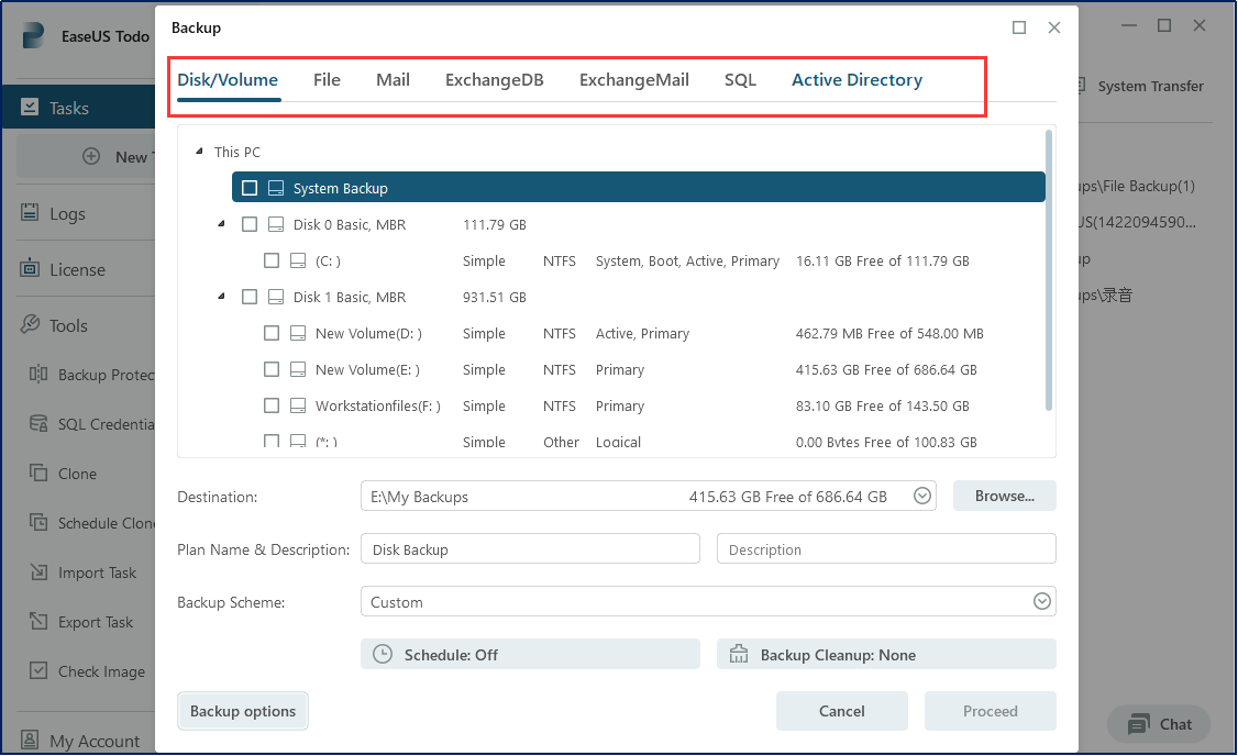 wybierz konkretne dane serwera Windows, aby utworzyć ich kopię zapasową na dysku zewnętrznym