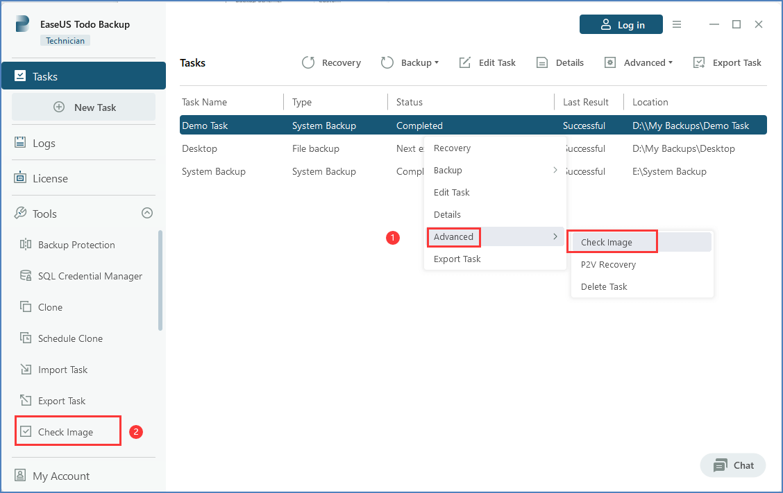 verificação de imagem de backup