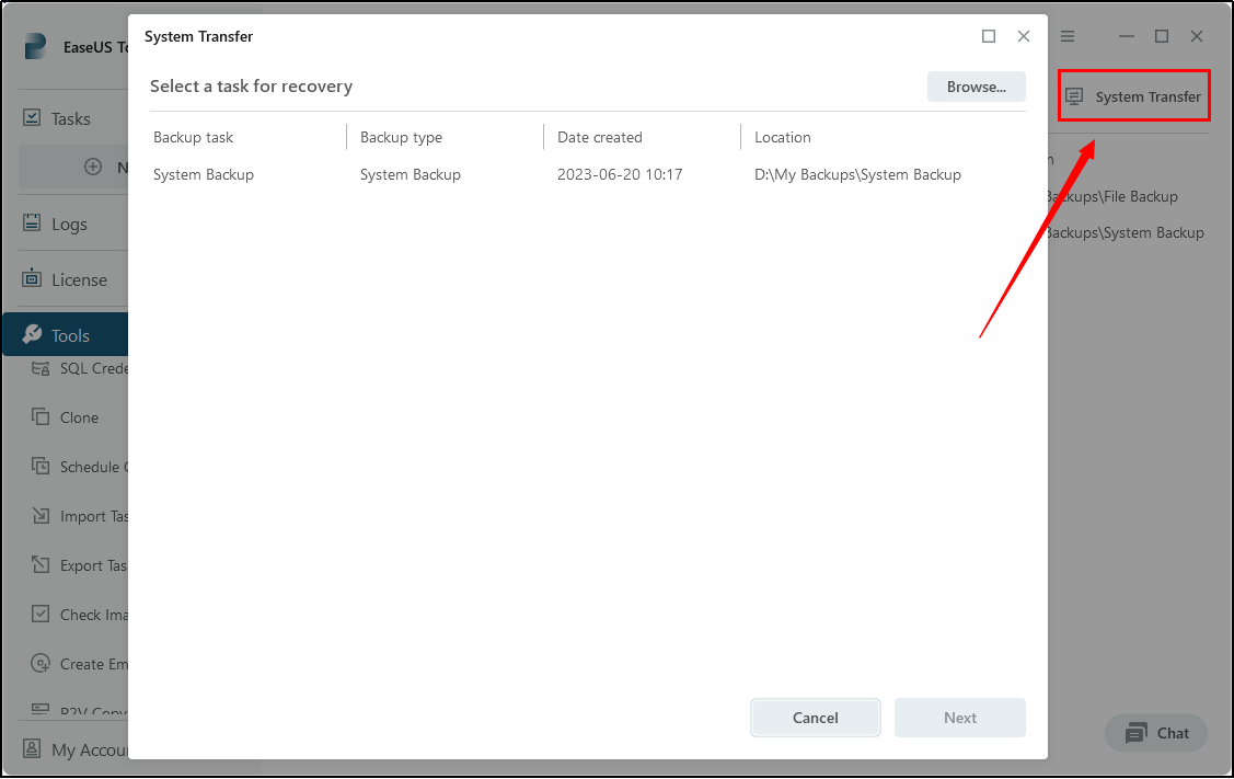 transfer systemu w celu przywrócenia obrazu systemu
