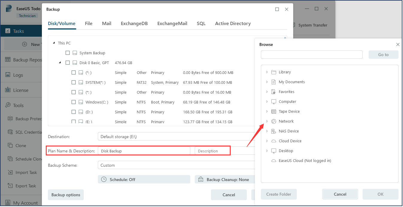 użyj kopii zapasowej Easyus Todo, aby wykonać kopię zapasową bazy danych Masql w żądanym miejscu docelowym